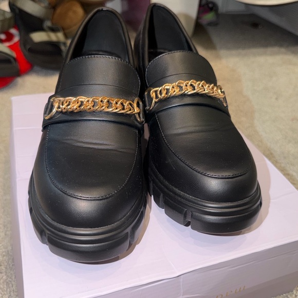 JustFab Shoes - JustFab Black Loafers with Gold Chain Accent